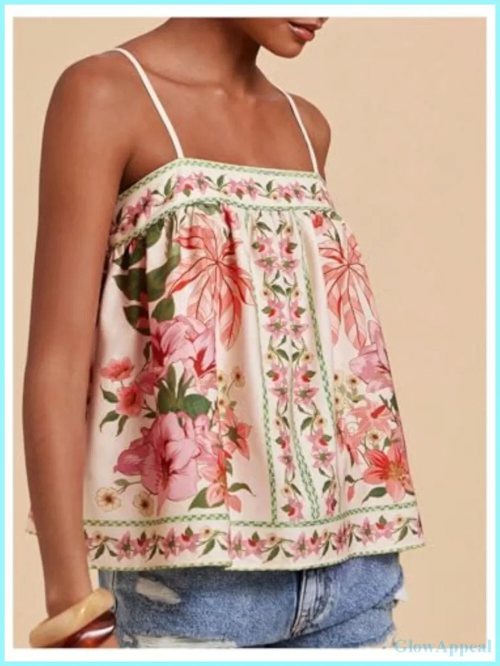 Women's Boho Floral Cami Top Spaghetti Strap Sleeveless Vacation Summer Camisole